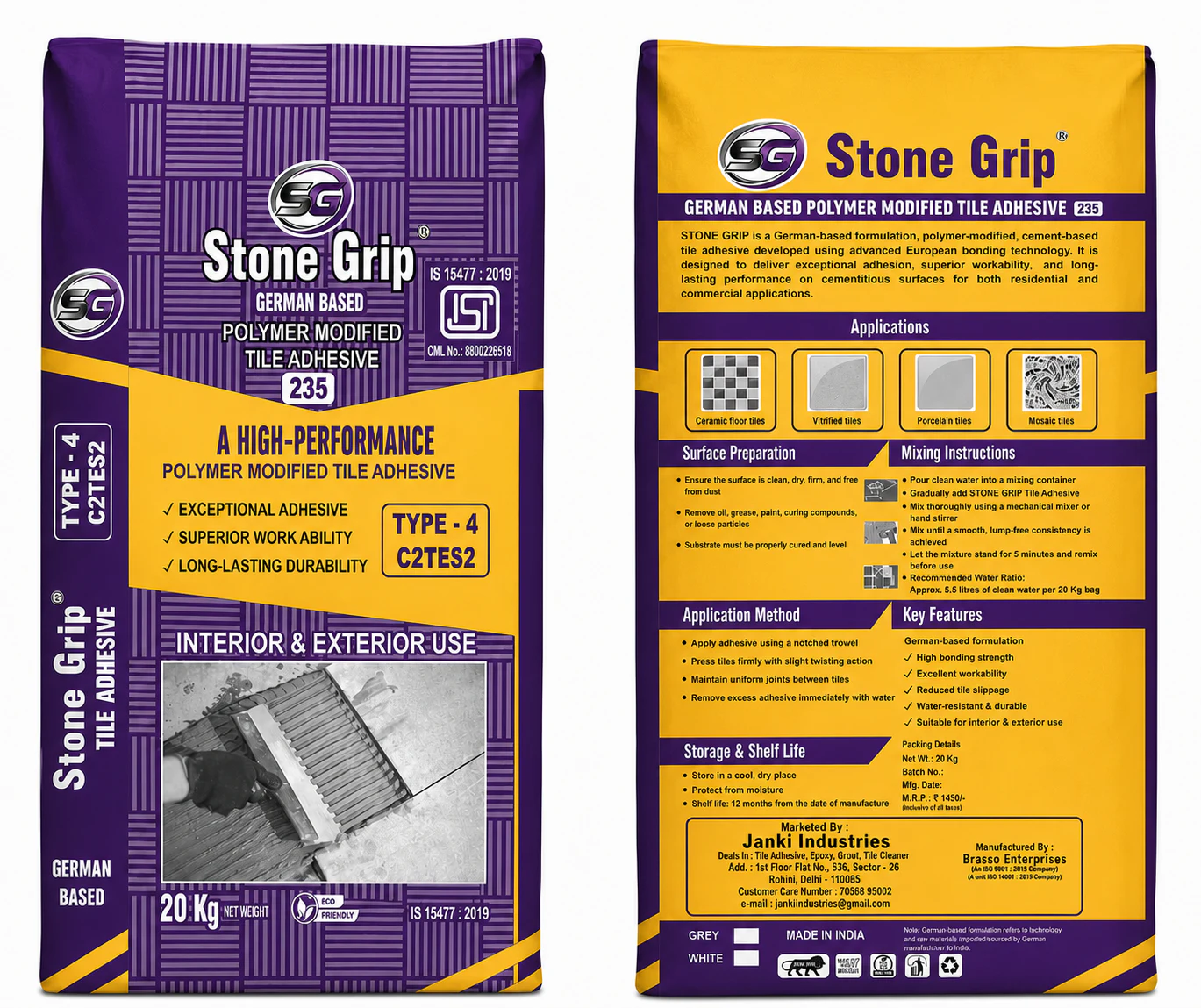 Stone Grip 235 polymer modified tile adhesive bag, front and back